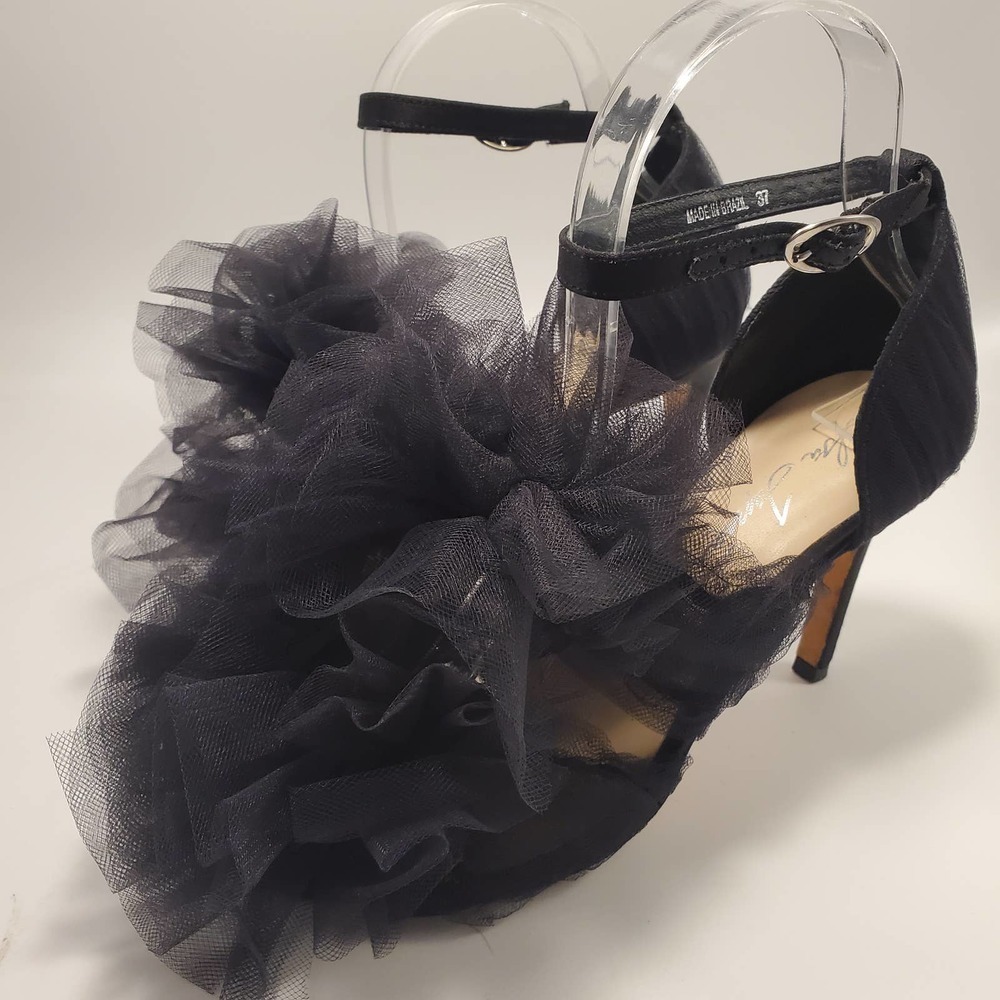 Isa Tapia Gigi Black Satin Tulle Oversized Bow Sandals Pumps Romantic, sz 37 - Picture 8 of 12